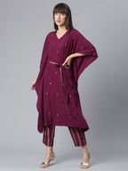 Ahalyaa Women Burgundy & Golden Printed Kurta With Trouser | Grocsy