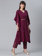 Ahalyaa Women Burgundy & Golden Printed Kurta With Trouser | Grocsy