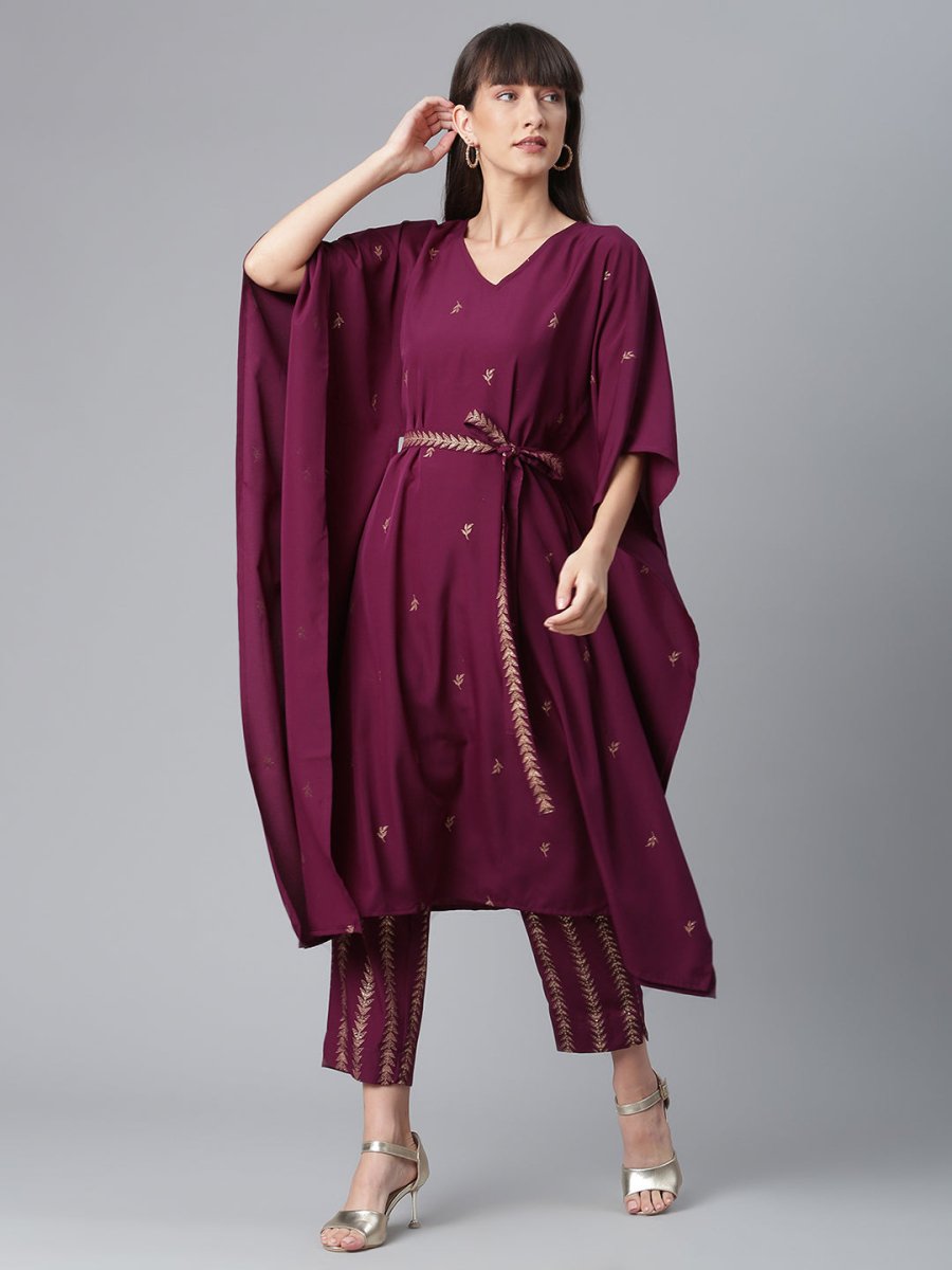 Ahalyaa Women Burgundy & Golden Printed Kurta With Trouser | Grocsy