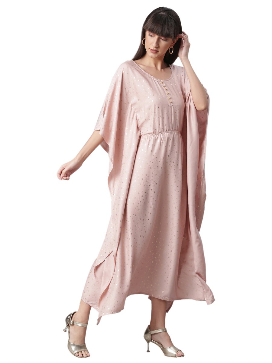 Ahalyaa Women Peach-Colored Printed Flared Sleeves Beautiful Kaftan Kurta | Grocsy