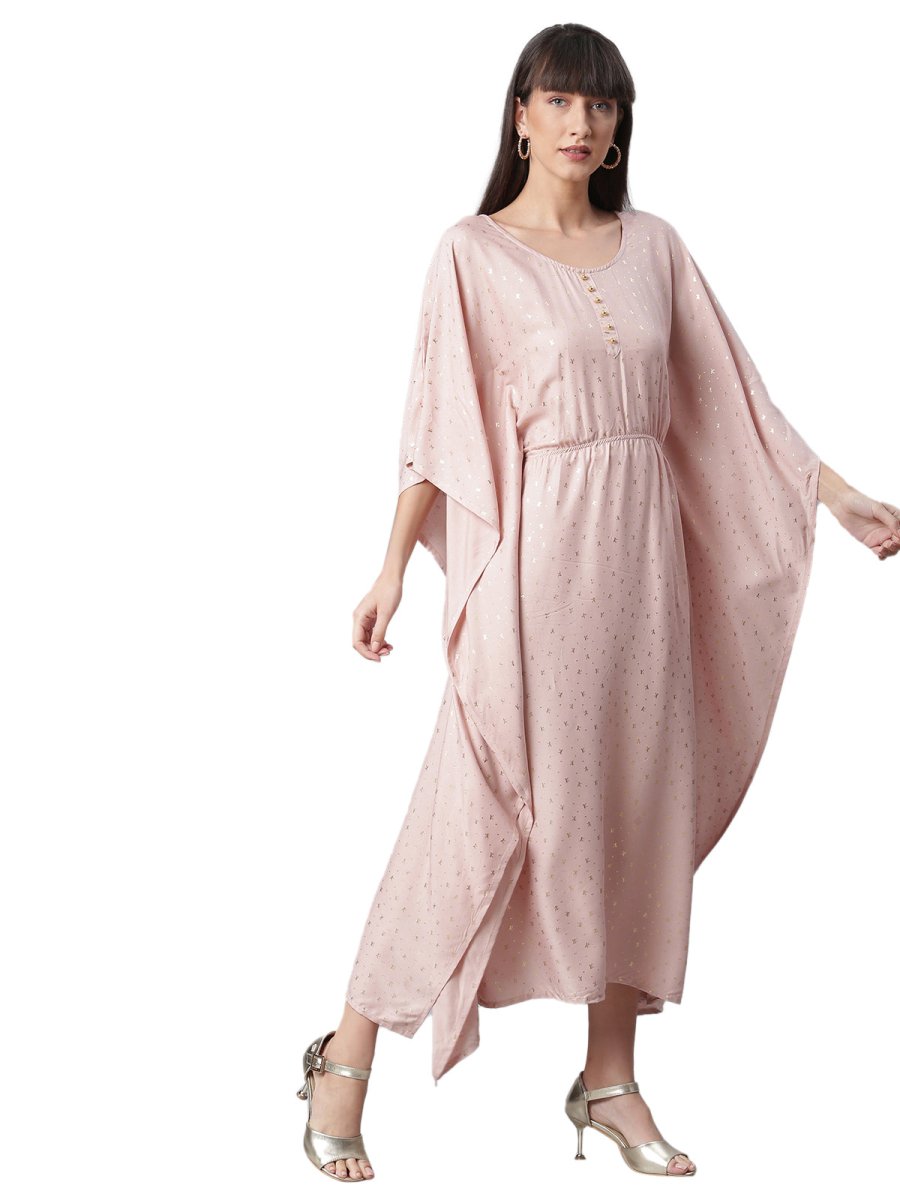 Ahalyaa Women Peach-Colored Printed Flared Sleeves Beautiful Kaftan Kurta | Grocsy