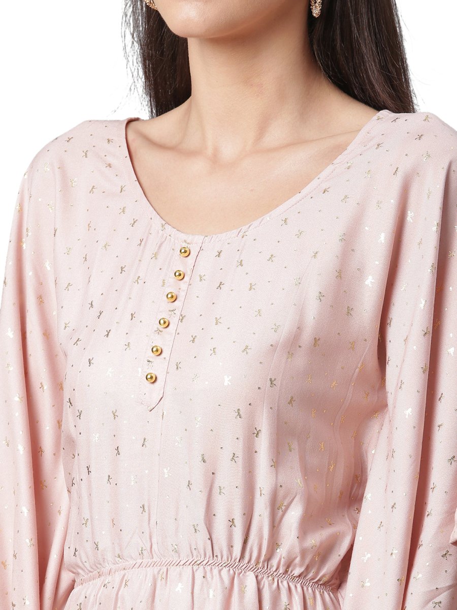 Ahalyaa Women Peach-Colored Printed Flared Sleeves Beautiful Kaftan Kurta | Grocsy