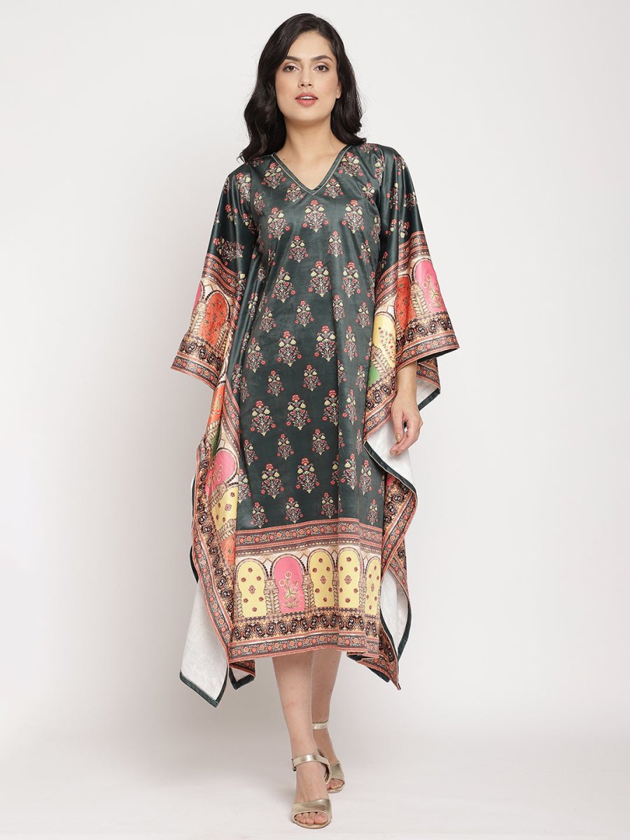 Ahalyaa Women's Dark Green Digital Print Velvet Kaftan | Grocsy