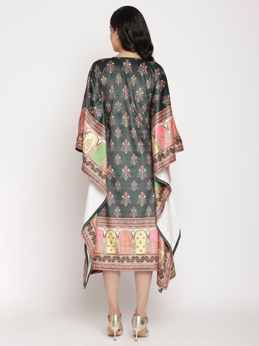 Ahalyaa Women's Dark Green Digital Print Velvet Kaftan | Grocsy