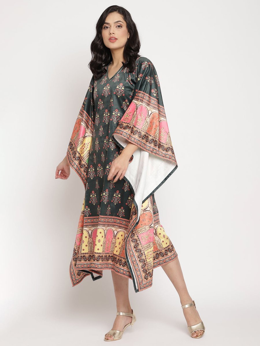 Ahalyaa Women's Dark Green Digital Print Velvet Kaftan | Grocsy