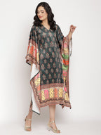 Ahalyaa Women's Dark Green Digital Print Velvet Kaftan | Grocsy