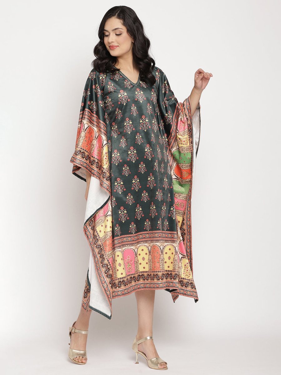 Ahalyaa Women's Dark Green Digital Print Velvet Kaftan | Grocsy