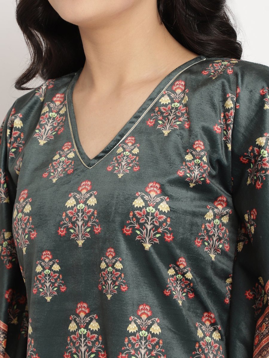 Ahalyaa Women's Dark Green Digital Print Velvet Kaftan | Grocsy