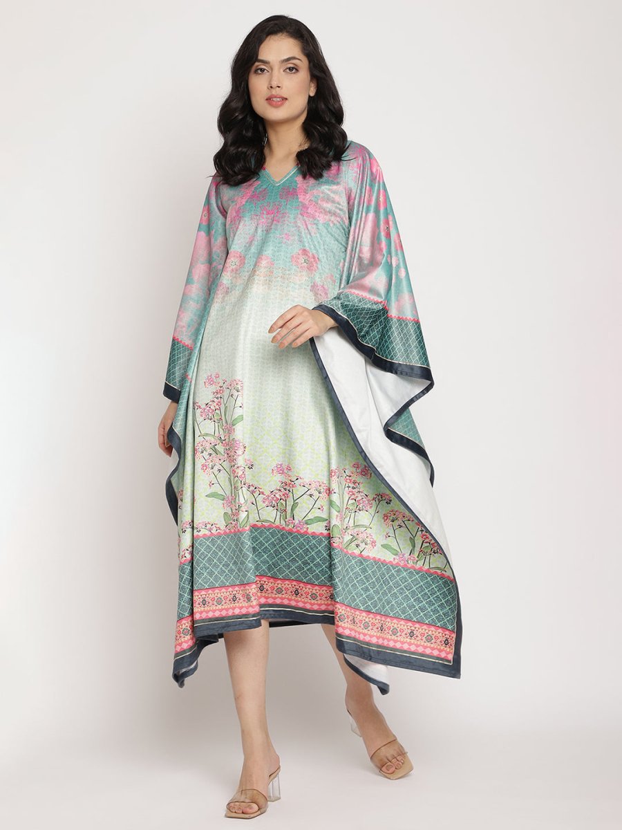 Ahalyaa Women's Sea Green Digital Print Velvet Kaftan | Grocsy