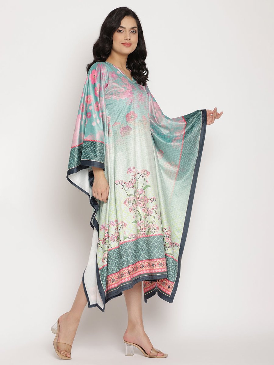 Ahalyaa Women's Sea Green Digital Print Velvet Kaftan | Grocsy