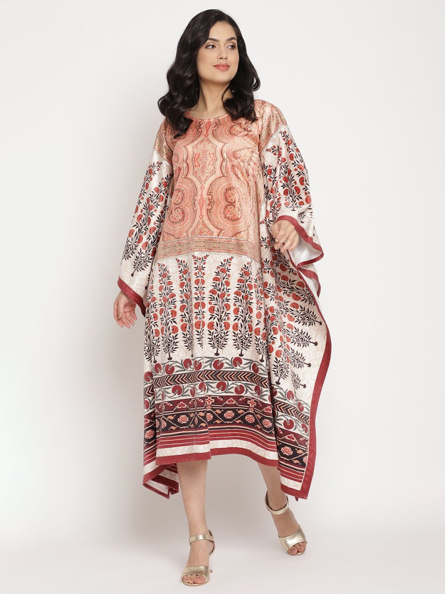 Ahalyaa Women's Beige Color Digital Print Velvet Kaftan | Grocsy