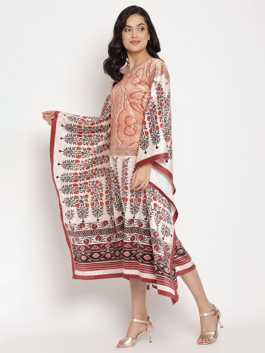 Ahalyaa Women's Beige Color Digital Print Velvet Kaftan | Grocsy