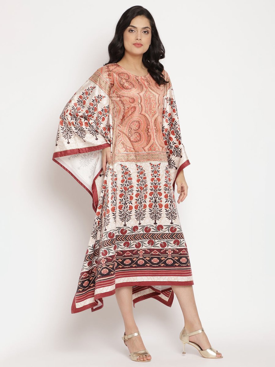 Ahalyaa Women's Beige Color Digital Print Velvet Kaftan | Grocsy