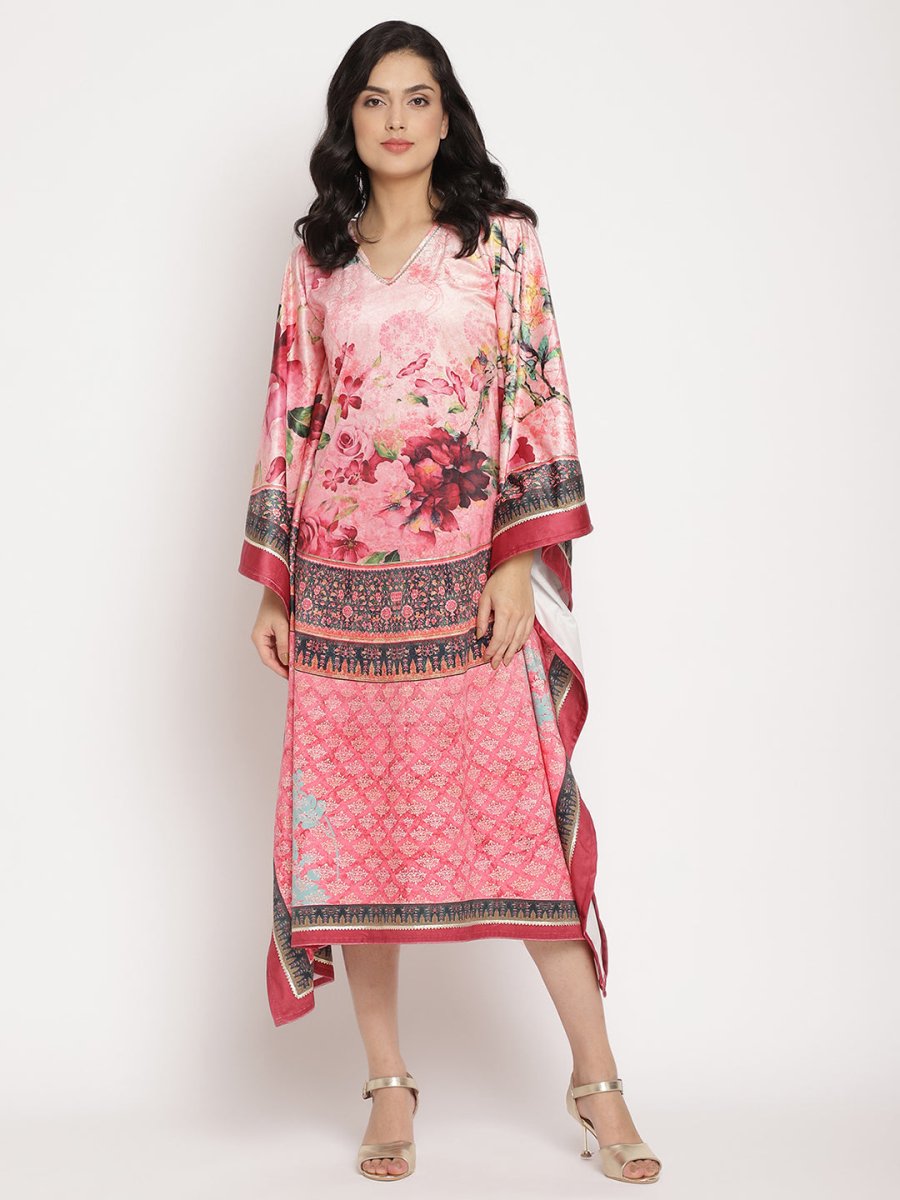 Ahalyaa Women's Pink Color Digital Print Velvet Kaftan | Grocsy