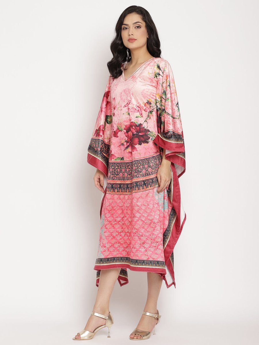 Ahalyaa Women's Pink Color Digital Print Velvet Kaftan | Grocsy