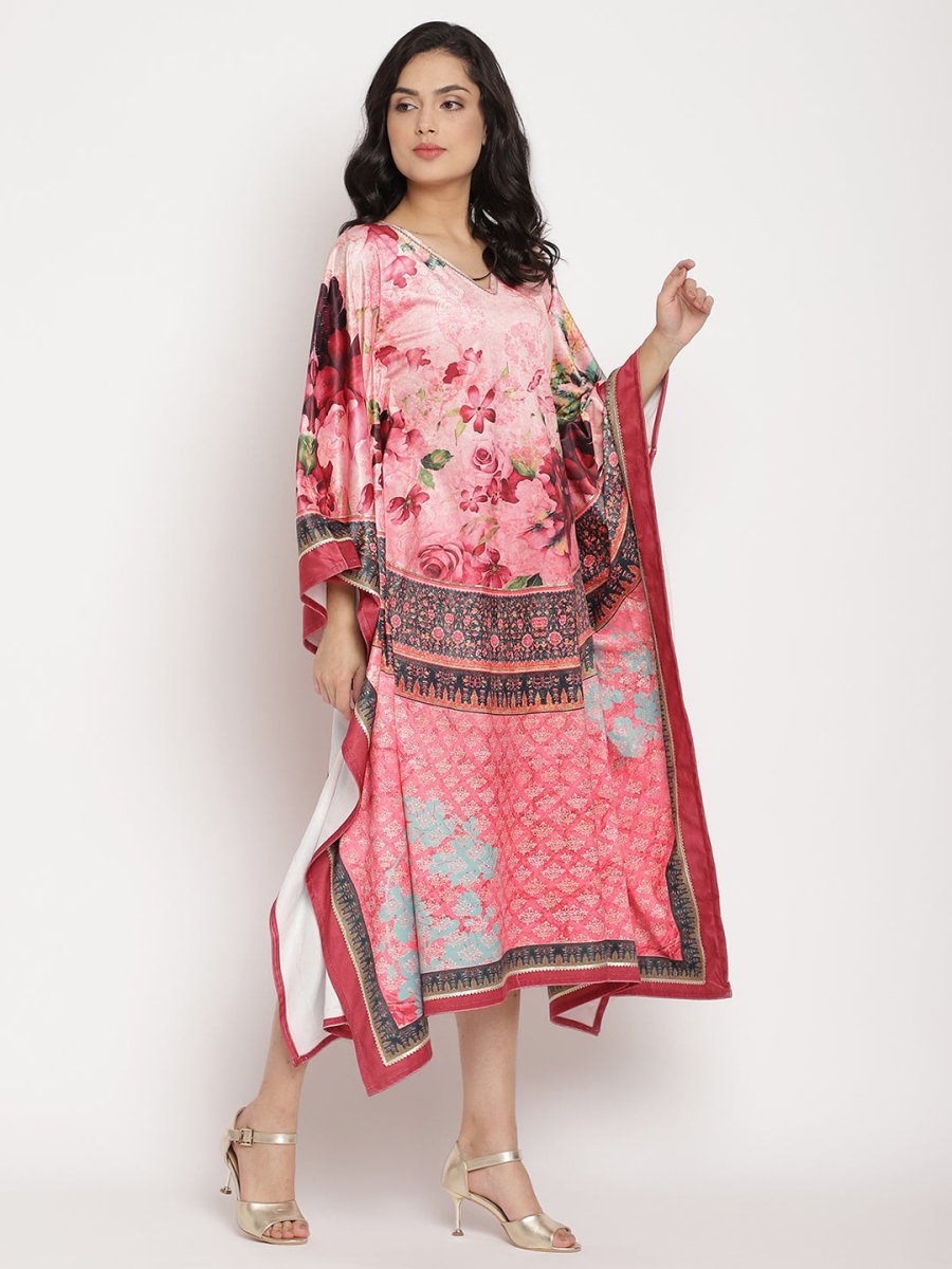 Ahalyaa Women's Pink Color Digital Print Velvet Kaftan | Grocsy