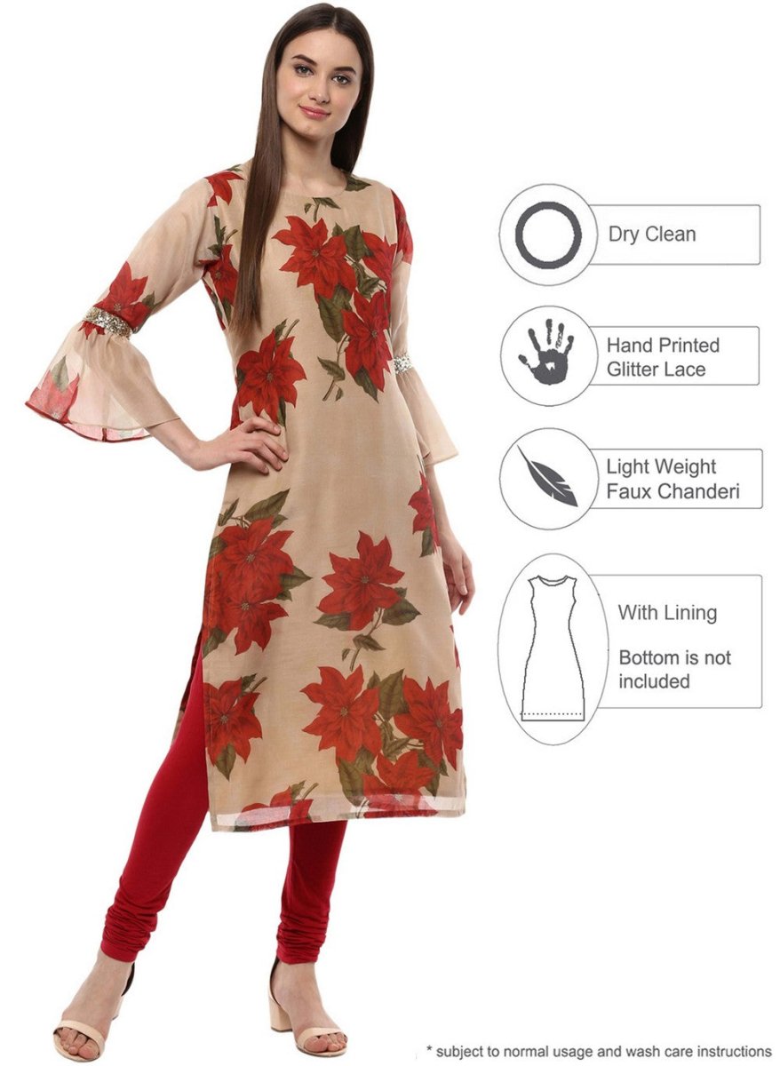 Ahalyaa Women Beige & Maroon Floral Printed Straight Kurta | Grocsy