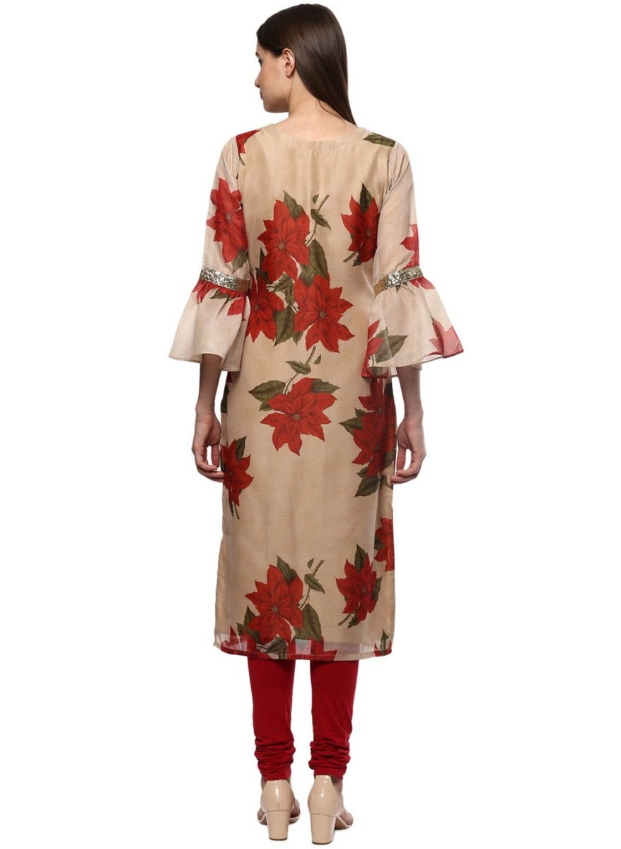 Ahalyaa Women Beige & Maroon Floral Printed Straight Kurta | Grocsy