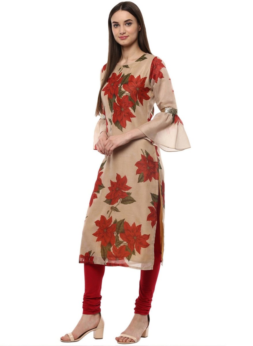 Ahalyaa Women Beige & Maroon Floral Printed Straight Kurta | Grocsy