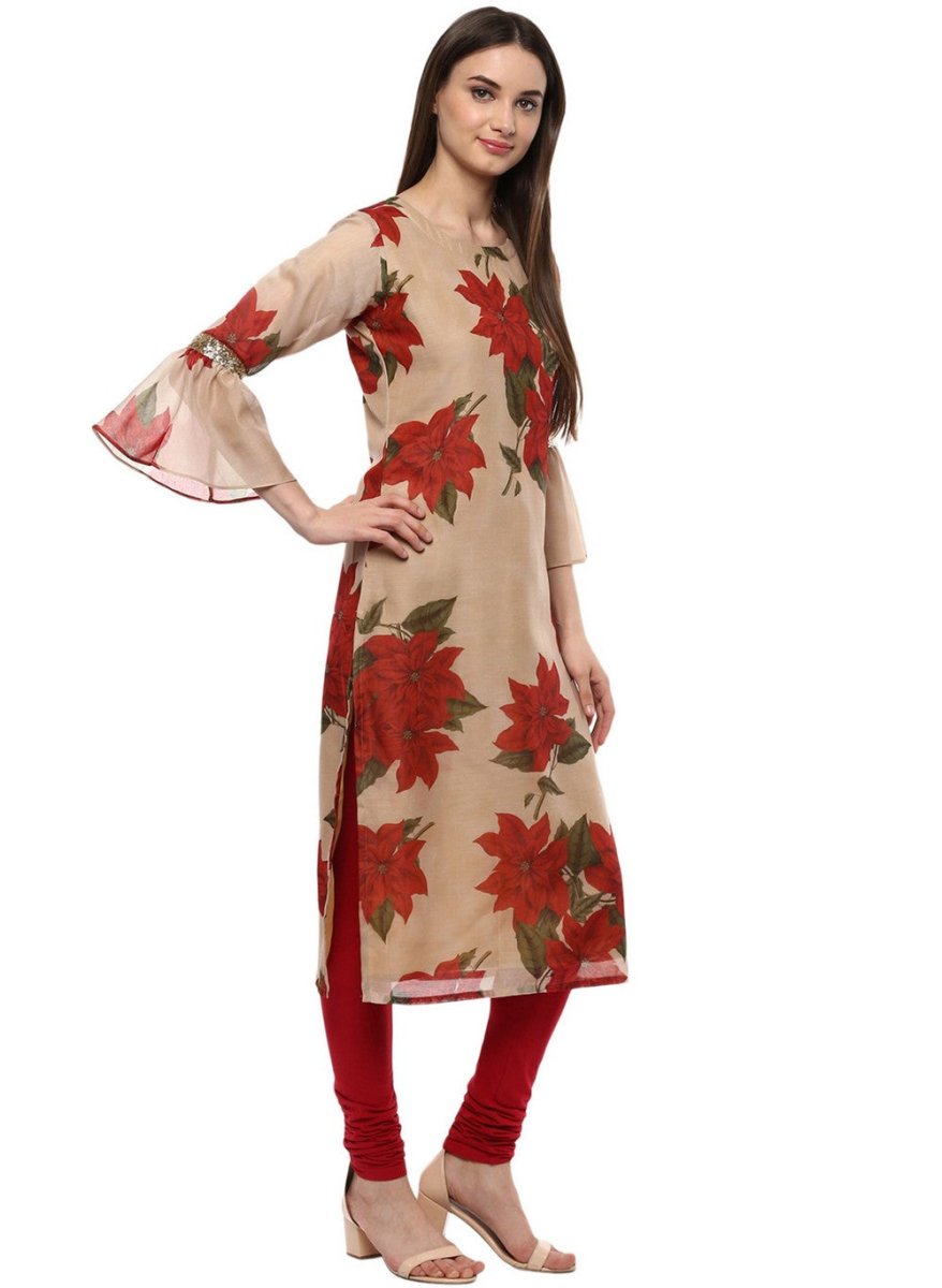 Ahalyaa Women Beige & Maroon Floral Printed Straight Kurta | Grocsy