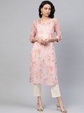 Ahalyaa Women Sheer Pink Floral Summer Chiffon Kurta | Grocsy