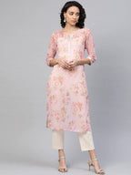 Ahalyaa Women Sheer Pink Floral Summer Chiffon Kurta | Grocsy
