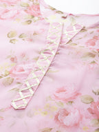 Ahalyaa Women Sheer Pink Floral Summer Chiffon Kurta | Grocsy
