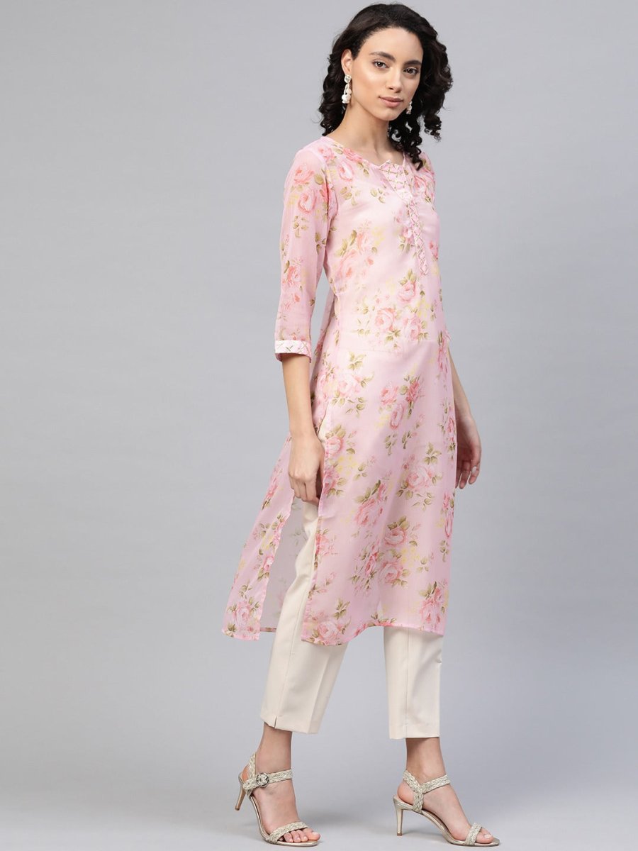 Ahalyaa Women Sheer Pink Floral Summer Chiffon Kurta | Grocsy