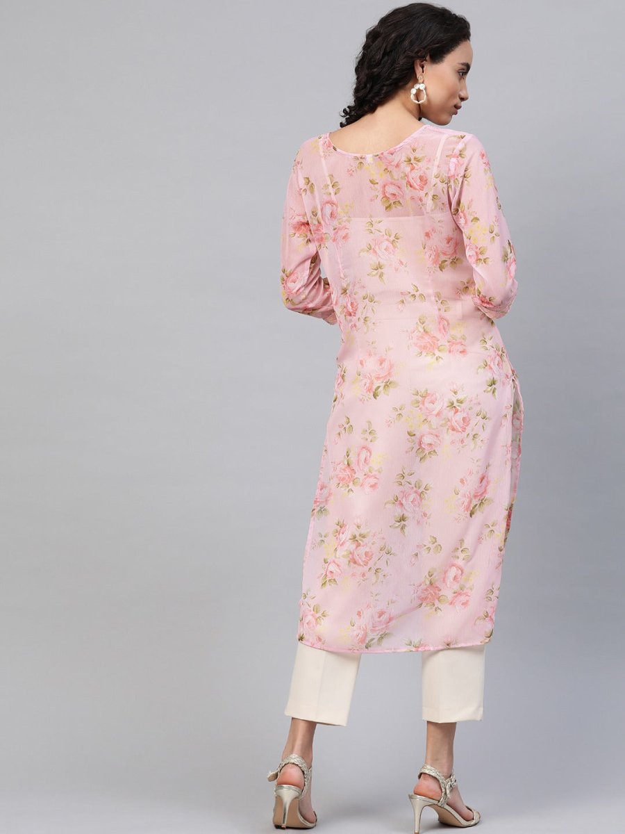 Ahalyaa Women Sheer Pink Floral Summer Chiffon Kurta | Grocsy
