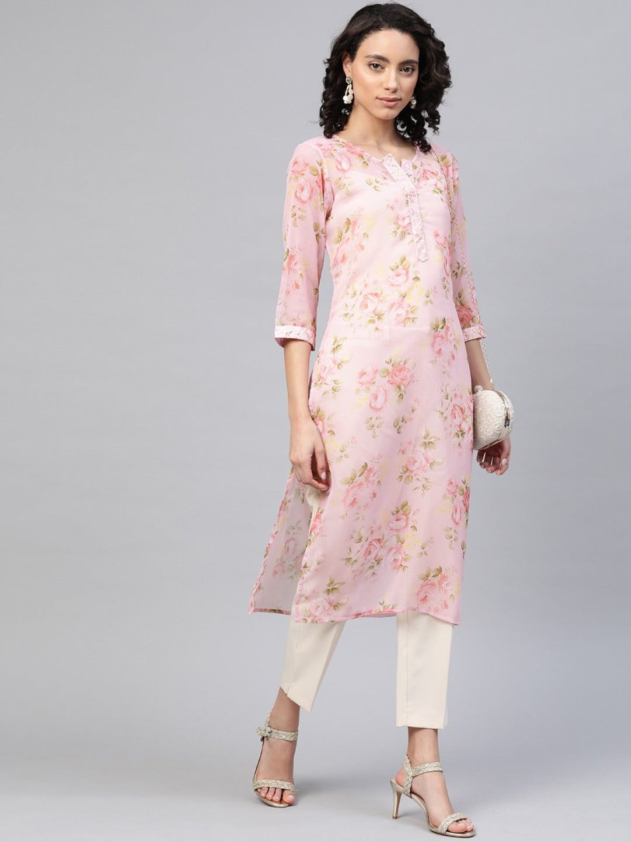Ahalyaa Women Sheer Pink Floral Summer Chiffon Kurta | Grocsy