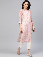 Ahalyaa Women Sheer Pink Floral Summer Chiffon Kurta | Grocsy