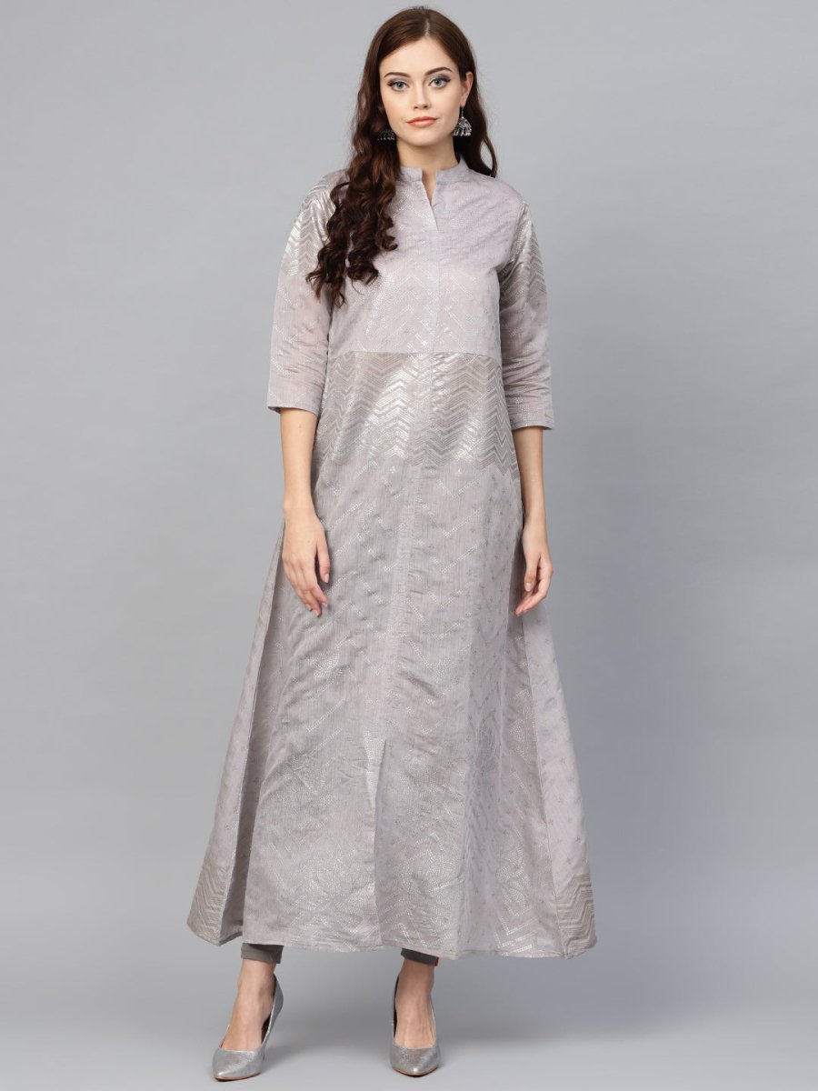 Ahalyaa Women Grey & Silver Printed A-Line Kurta | Grocsy