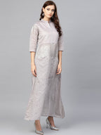 Ahalyaa Women Grey & Silver Printed A-Line Kurta | Grocsy
