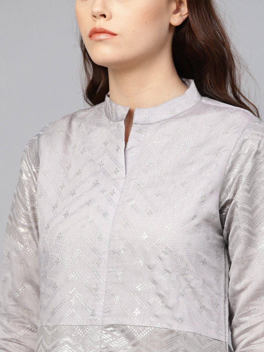 Ahalyaa Women Grey & Silver Printed A-Line Kurta | Grocsy