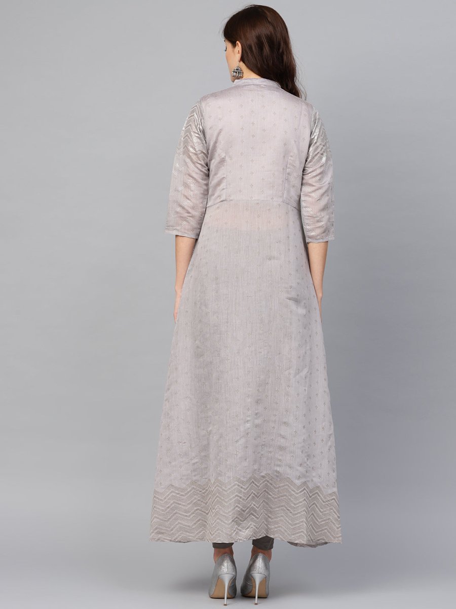Ahalyaa Women Grey & Silver Printed A-Line Kurta | Grocsy