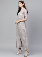 Ahalyaa Women Grey & Silver Printed A-Line Kurta | Grocsy