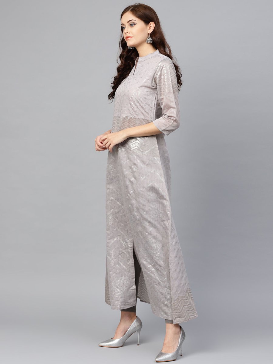Ahalyaa Women Grey & Silver Printed A-Line Kurta | Grocsy