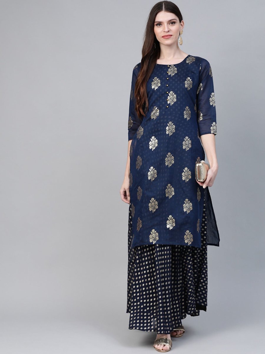 Ahalyaa Navy Blue & Golden Foil Printed Layered Maxi Dress | Grocsy