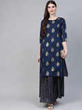 Ahalyaa Navy Blue & Golden Foil Printed Layered Maxi Dress | Grocsy
