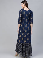 Ahalyaa Navy Blue & Golden Foil Printed Layered Maxi Dress | Grocsy