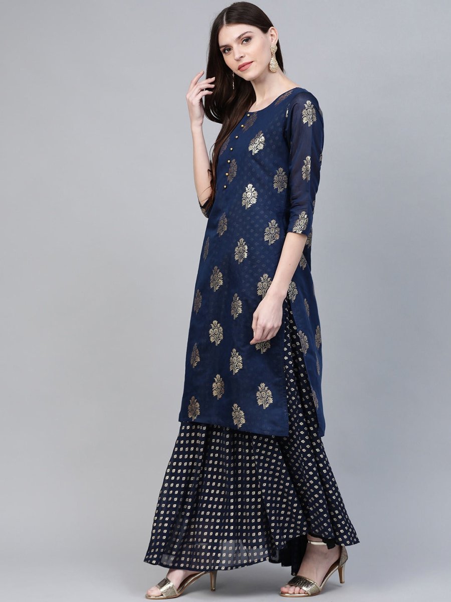 Ahalyaa Navy Blue & Golden Foil Printed Layered Maxi Dress | Grocsy