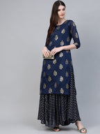 Ahalyaa Navy Blue & Golden Foil Printed Layered Maxi Dress | Grocsy