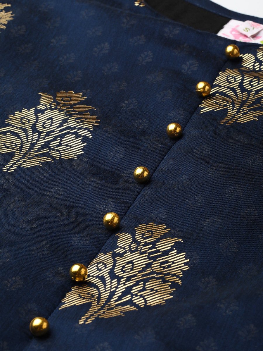 Ahalyaa Navy Blue & Golden Foil Printed Layered Maxi Dress | Grocsy