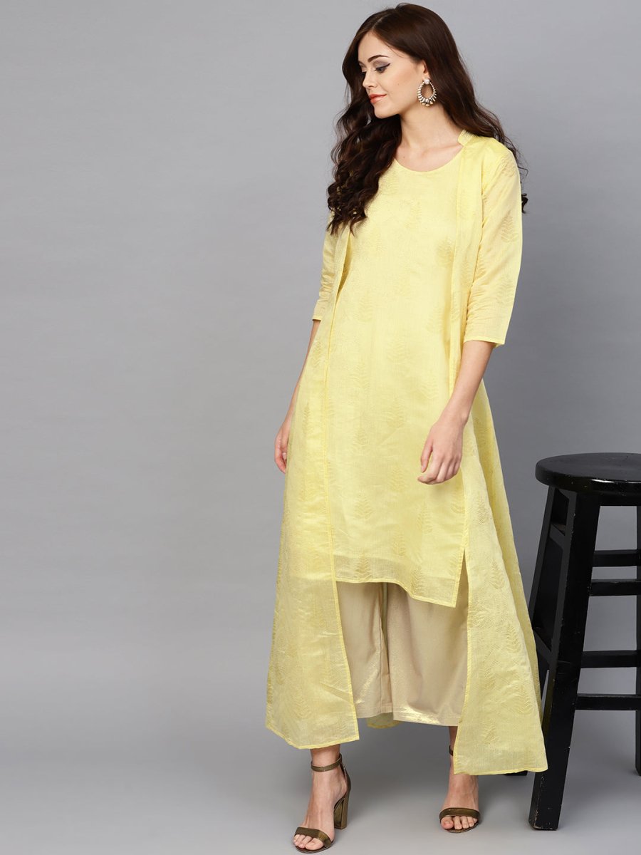 Ahalyaa Yellow Metallic Printed Koti Style Kurta For Women | Grocsy