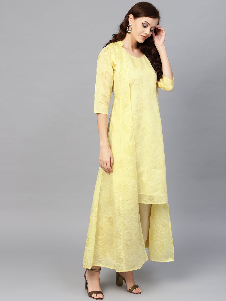 Ahalyaa Yellow Metallic Printed Koti Style Kurta For Women | Grocsy