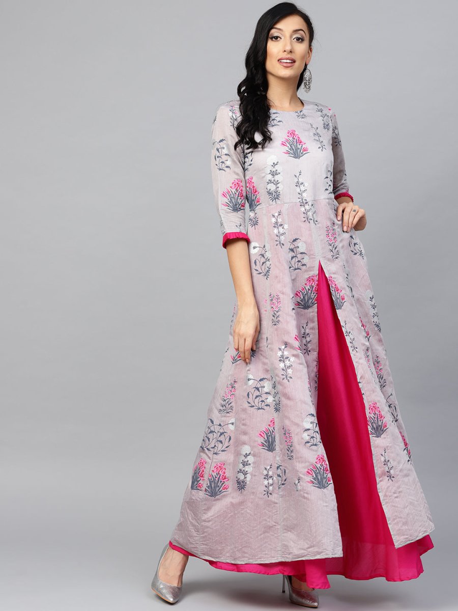 Ahalyaa Women Grey & Pink Floral Printed Layered Beautiful Maxi Dress | Grocsy