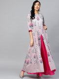 Ahalyaa Women Grey & Pink Floral Printed Layered Beautiful Maxi Dress | Grocsy