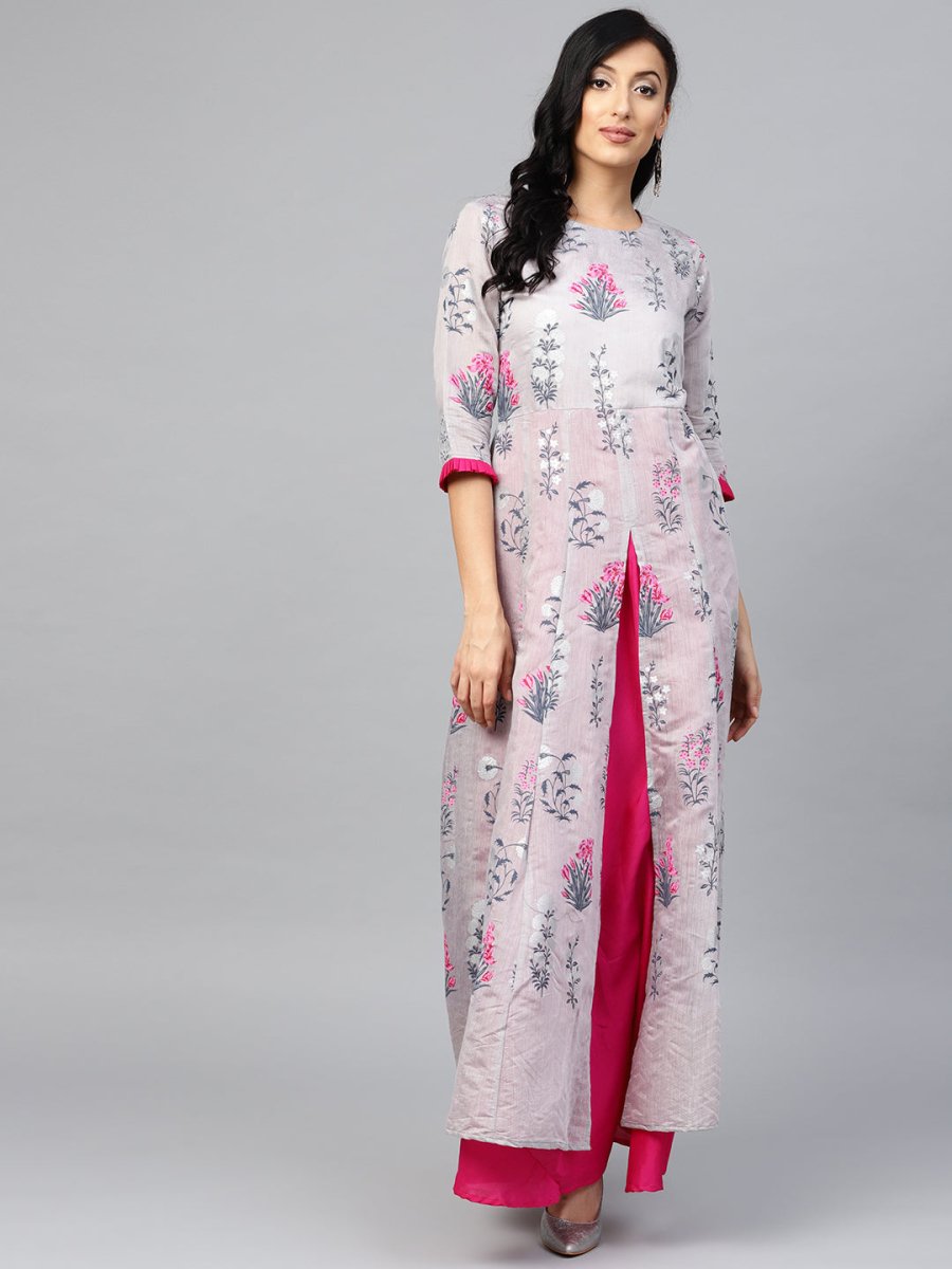 Ahalyaa Women Grey & Pink Floral Printed Layered Beautiful Maxi Dress | Grocsy