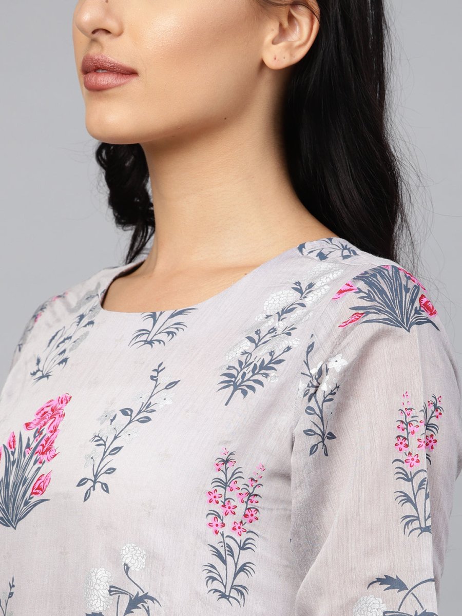Ahalyaa Women Grey & Pink Floral Printed Layered Beautiful Maxi Dress | Grocsy