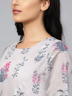Ahalyaa Women Grey & Pink Floral Printed Layered Beautiful Maxi Dress | Grocsy
